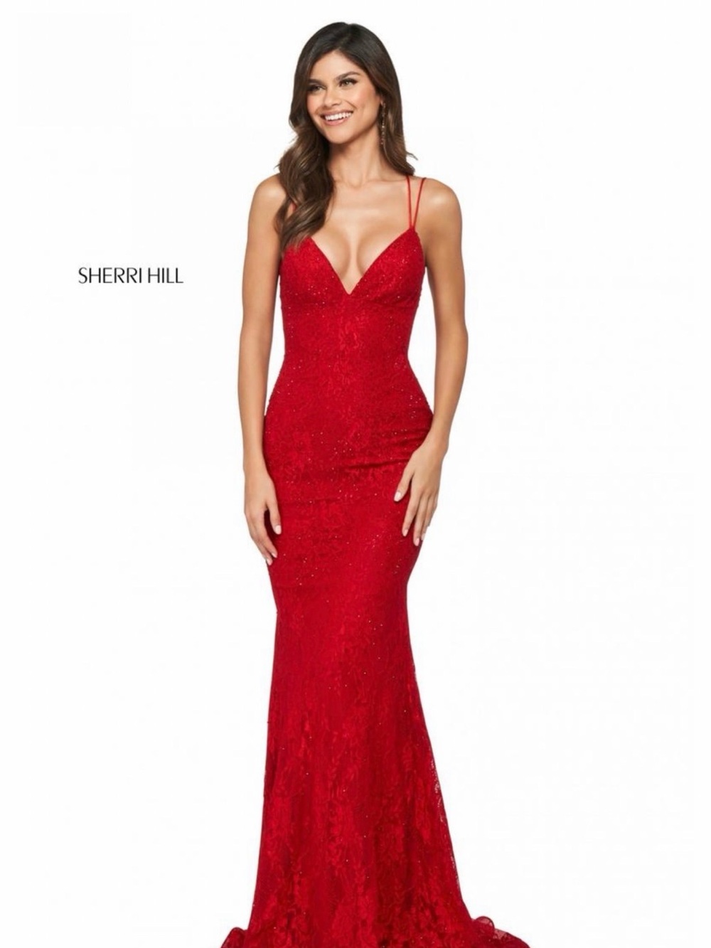 Sherri Hill Red Spaghetti-Strap Lace Mermaid Gown